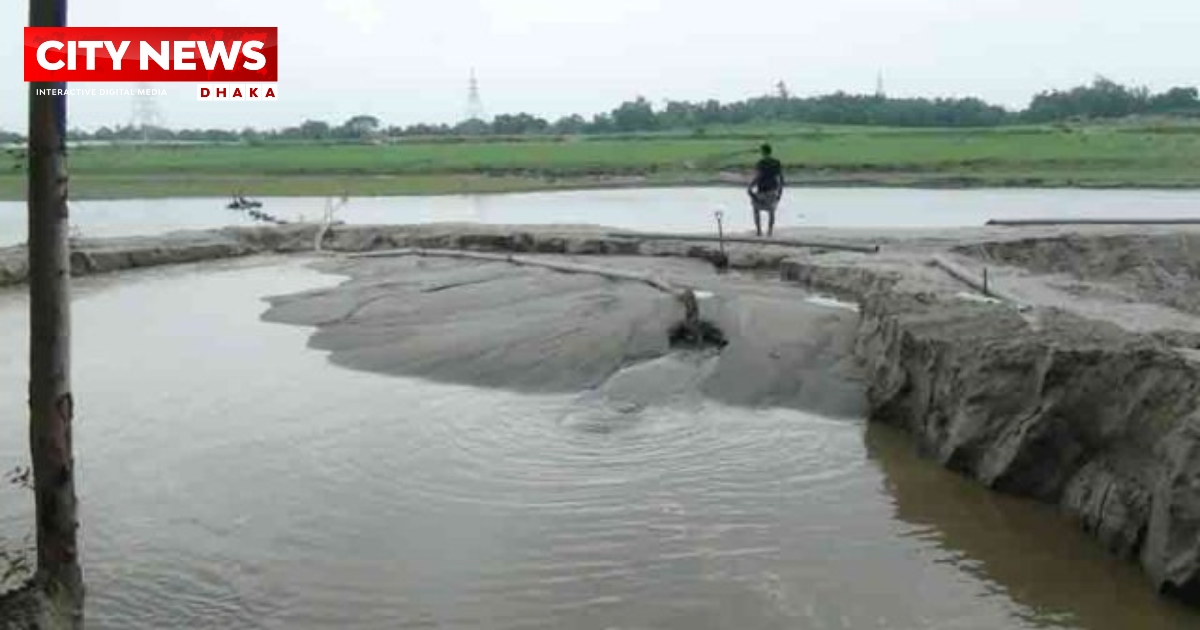 ব্রহ্মপুত্র নদ থেকে বালু উত্তোলনে ভাঙ্গছে পাকা সড়ক ঘরবাড়ী
